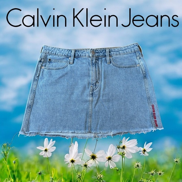 Calvin Klein Jeans, Low-Rise Denim Mini Skirt With Frayed Hem, Size 30, Blue - Picture 1 of 8